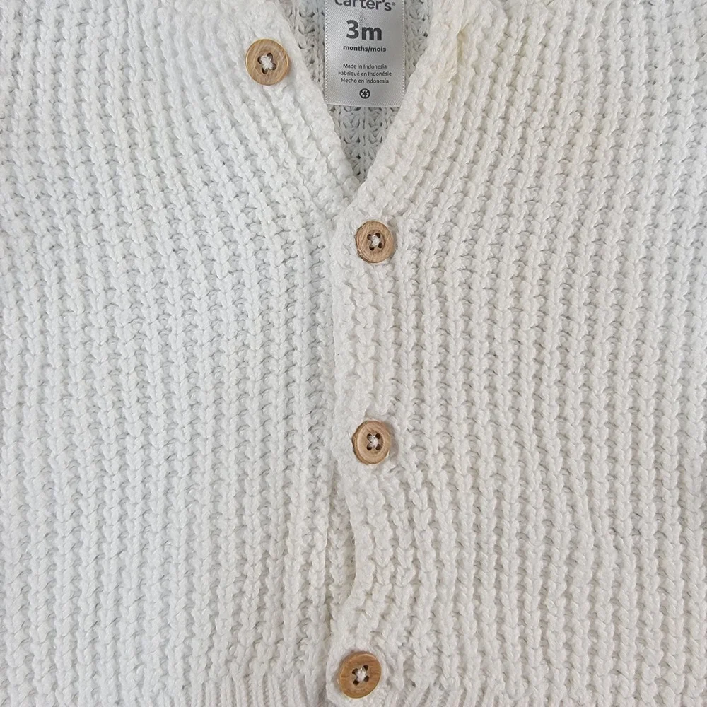 Carters Baby White Chunky Knit Hooded‎ Cardigan Sweater w/ Bear Ears 3M